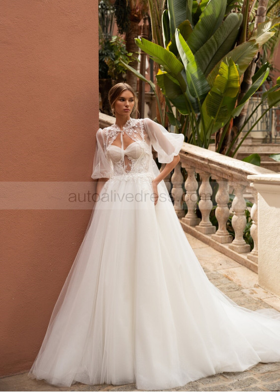 Ivory Lace Tulle Stunning Wedding Dress With Cape